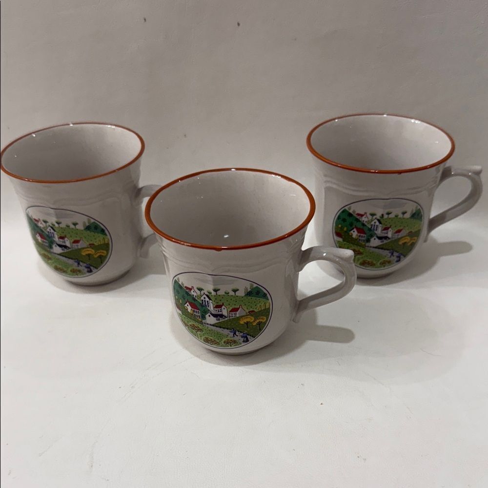 Newcor 8 Oz 3 Mug Set Orange Green Country Village Japan Stoneware 3 1/4 In Tall